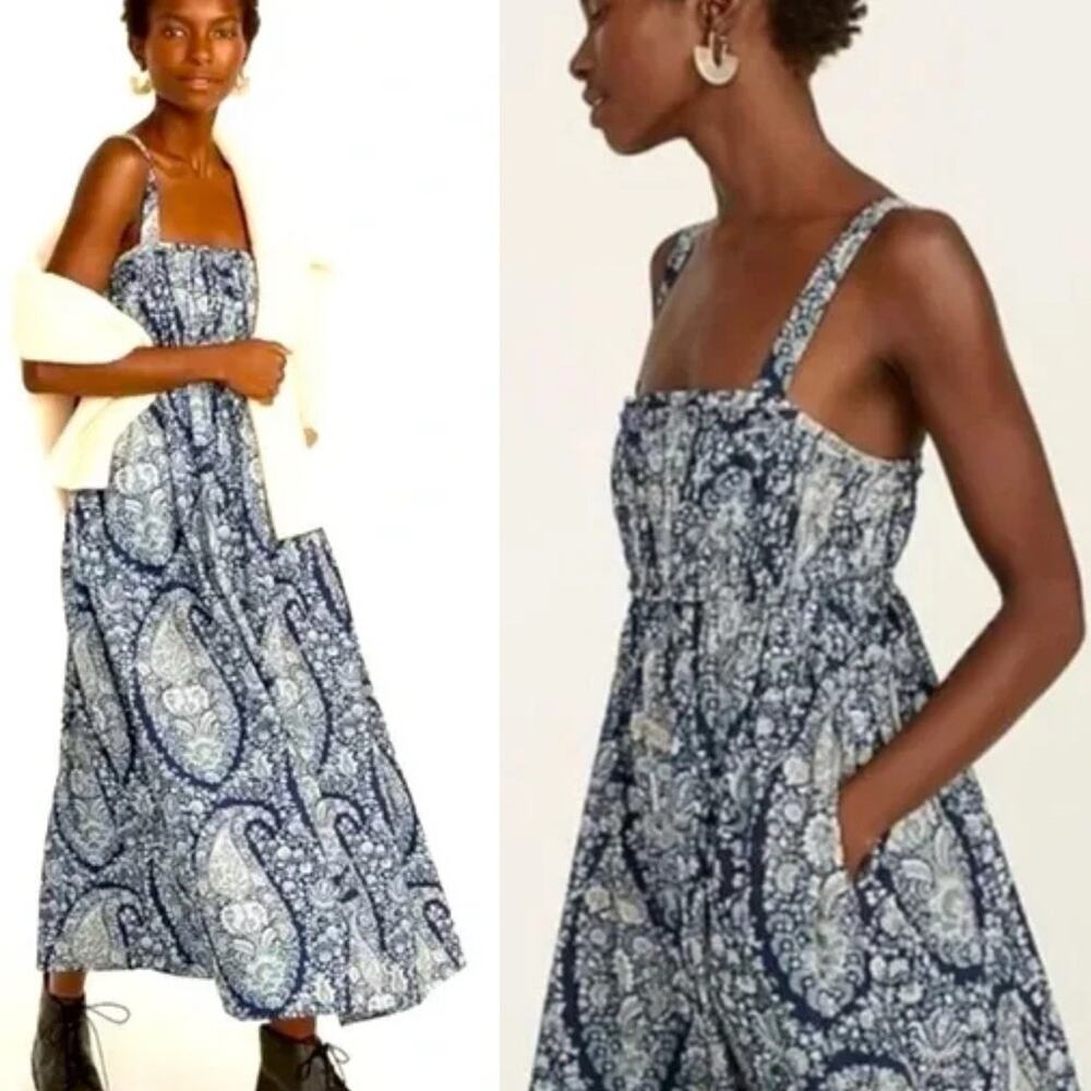 J. Crew Paisley Floral Gathered Bodice Midi Dress Cotton Poplin Sundress Sz 10